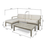 Santa Ana Outdoor 3 Seater Acacia Wood Sofa Sectional with Cushions, Light Gray and Cream Noble House