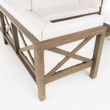 Brava Outdoor Acacia Wood Left Arm Loveseat and Coffee Table Set with Cushion, Gray and White Noble House