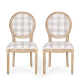 Phinnaeus French Country Fabric Dining Chairs, Gray Plaid and Light Beige Noble House