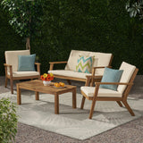 Temecula Outdoor Acacia Wood 4 Seater Chat Set with Cushions, Brown Patina and Cream Noble House