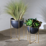 Sagebrook Home Contemporary Metal Set of 2 -  11/12" Planters W/ Stand, Blk/gold 16391-01 Black Metal