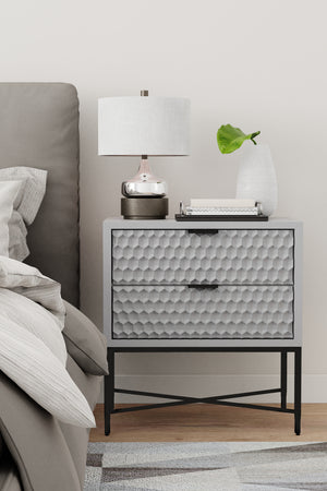 Milo Nightstand in Light Slate Grey - Stylish Storage with Textured Drawers & Black Metal Base