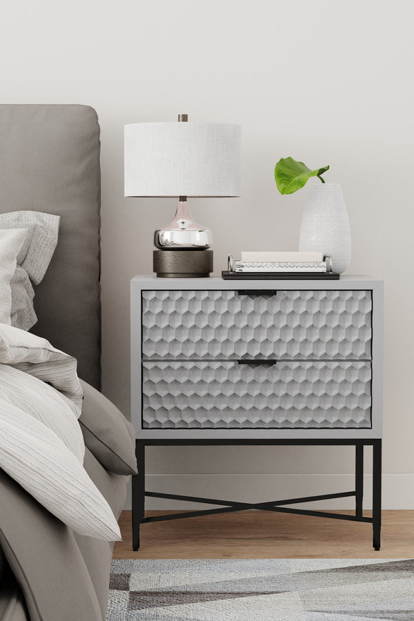 Milo Nightstand in Light Slate Grey - Stylish Storage with Textured Drawers & Black Metal Base