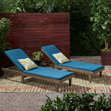 Nadine Outdoor Modern Acacia Wood Chaise Lounge with Cushion, Gray and Blue Noble House