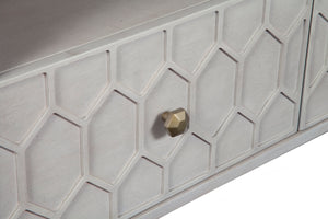 Denver TV Console with Honeycomb Design – Gray Mahogany Stand, 3 Drawers & Open Shelves for Storage