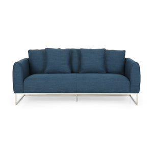 Canisbay Modern Fabric 3 Seater Sofa, Navy Blue and Silver Noble House