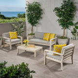 Santa Ana Outdoor 4 Seater Acacia  Wood Chat Set with Cushions, Wire Brushed Light Gray and Light Gray Noble House