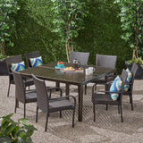 Bullpond Outdoor Aluminum and Wicker 8 Seater Dining Set with Stacking Chairs, Gloss Black and Multibrown Noble House