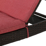Salem Outdoor Brown Wicker Adjustable Chaise Lounge with Red Colored Cushions Noble House