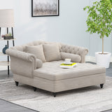 Noble House Wellston Contemporary Tufted Double Chaise Lounge with Accent Pillows, Beige and Dark Brown