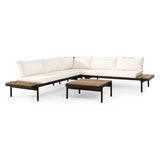 Theo Outdoor Acacia Wood 5 Seater Sectional Sofa Set with Water Resistant Cushions