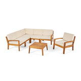 Grenada Outdoor Acacia Wood 6 Seater Sectional Sofa and Club Chair Set with Coffee Table