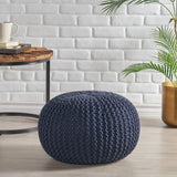 Nahunta Modern Knitted Cotton Round Pouf, Navy Noble House