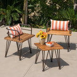 Zion Outdoor Industrial 3 Piece Teak Finish Acacia Wood End Table Chat Set with Rustic Metal Finish Iron Frame Noble House