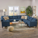 Emmie Mid Century Modern 10 Piece Navy Blue Fabric U-Shaped Sectional Sofa