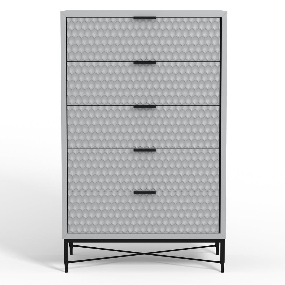 Milo 5 Drawer Chest in Light Slate Grey - Stylish Modern Design with Textured Drawers & Metal Base