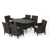 Noble House Cypress Outdoor 7 Piece Multibrown Wicker Round Dining Set with Light Brown Water Resistant Cushions