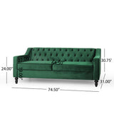 Noble House Knouff Modern Glam Tufted Velvet 3 Seater Sofa, Emerald and Dark Brown 