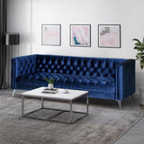 Galvin Contemporary Tufted Velvet 3 Seater Sofa, Midnight Blue and Silver Noble House