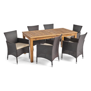 Noble House Nadia Outdoor 7 Piece Wood and Wicker Expandable Dining Set, Natural and Multi Brown and Beige