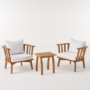 Barton Outdoor Acacia Wood 2 Seater Club Chairs and Side Table Set, Teak and White Noble House