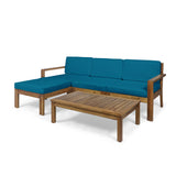 Santa Ana Outdoor 3 Seater Acacia Wood Sofa Sectional with Cushions, Teak and Dark Teal Noble House