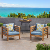 Oana Outdoor Acacia Wood Club Chairs with Cushions, Teak Finish and Blue Noble House