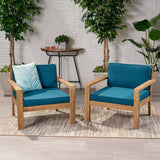 Santa Ana Outdoor Acacia Wood Club Chairs with Cushions, Brushed Light Brown and Dark Teal Noble House