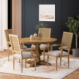 Noble House Mores French Country Upholstered Wood and Cane 5 Piece Circular Dining Set, Natural and Light Gray