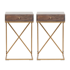 Bucyrus Rustic Glam Handcrafted Acacia Wood C-Shaped Side Tables, Dark Brown and Gold Noble House