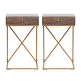 Bucyrus Rustic Glam Handcrafted Acacia Wood C-Shaped Side Tables, Dark Brown and Gold - Set of 2