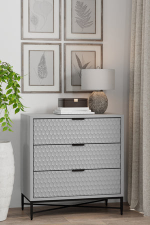 Milo 3-Drawer Chest in Light Slate Grey – Modern Design with Textured Fronts & Metal Base Elegance