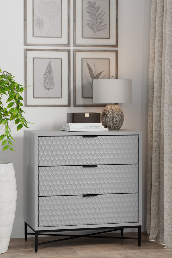 Milo 3-Drawer Chest in Light Slate Grey – Modern Design with Textured Fronts & Metal Base Elegance