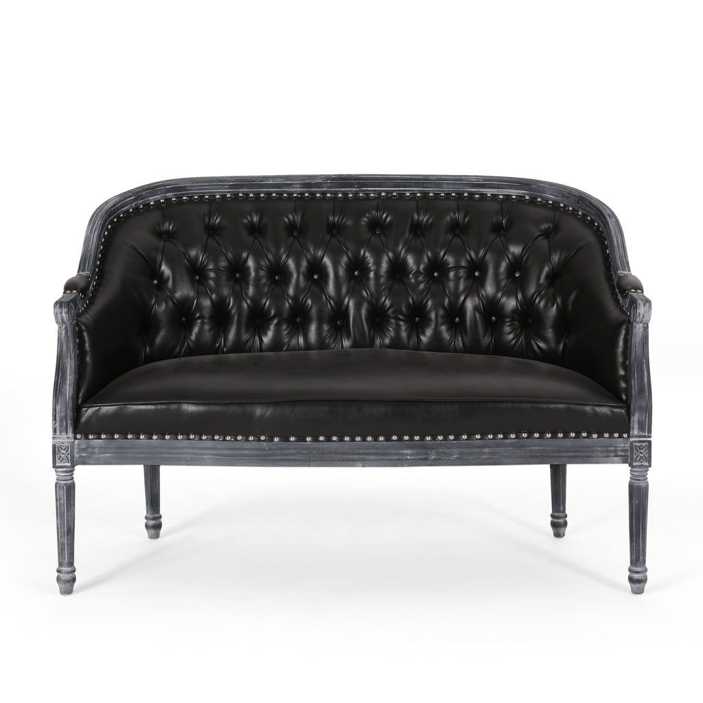 Noble House Faye Traditional Tufted Upholstered Loveseat, Midnight Black and Gray