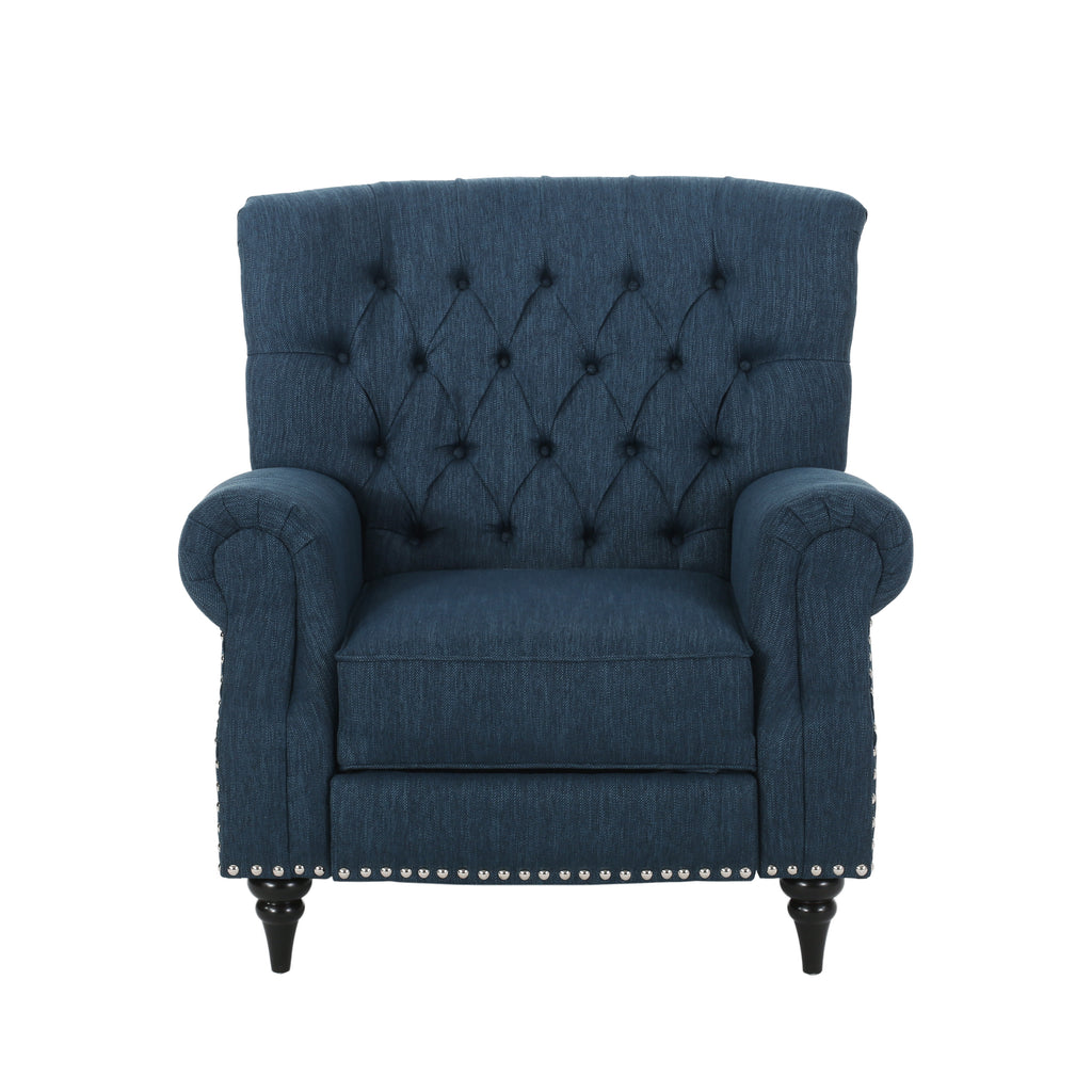 Sunapee Contemporary Tufted Recliner with Nailhead Trim, Navy Blue Fabric and Espresso Noble House