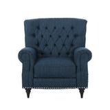 Sunapee Contemporary Tufted Recliner with Nailhead Trim, Navy Blue Fabric and Espresso Noble House