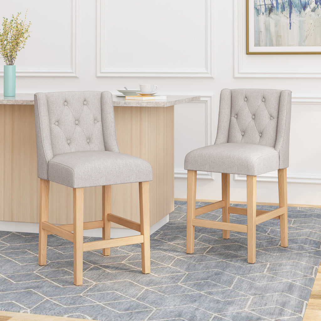 Noble House Landria Button Tufted Fabric Wingback Counterstool (Set of 2), Light Gray and Natural