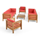 Noble House Oana Outdoor 8 Seater Acacia Wood Sofa and Club Chair Set, Teak Finish and Red