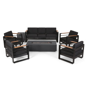 Giovanna Outdoor Aluminum 7 Seater Chat Set with Fire Pit, Black, Natural, and Dark Gray Noble House