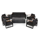 Giovanna Outdoor Aluminum 7 Seater Chat Set with Fire Pit, Black, Natural, and Dark Gray
