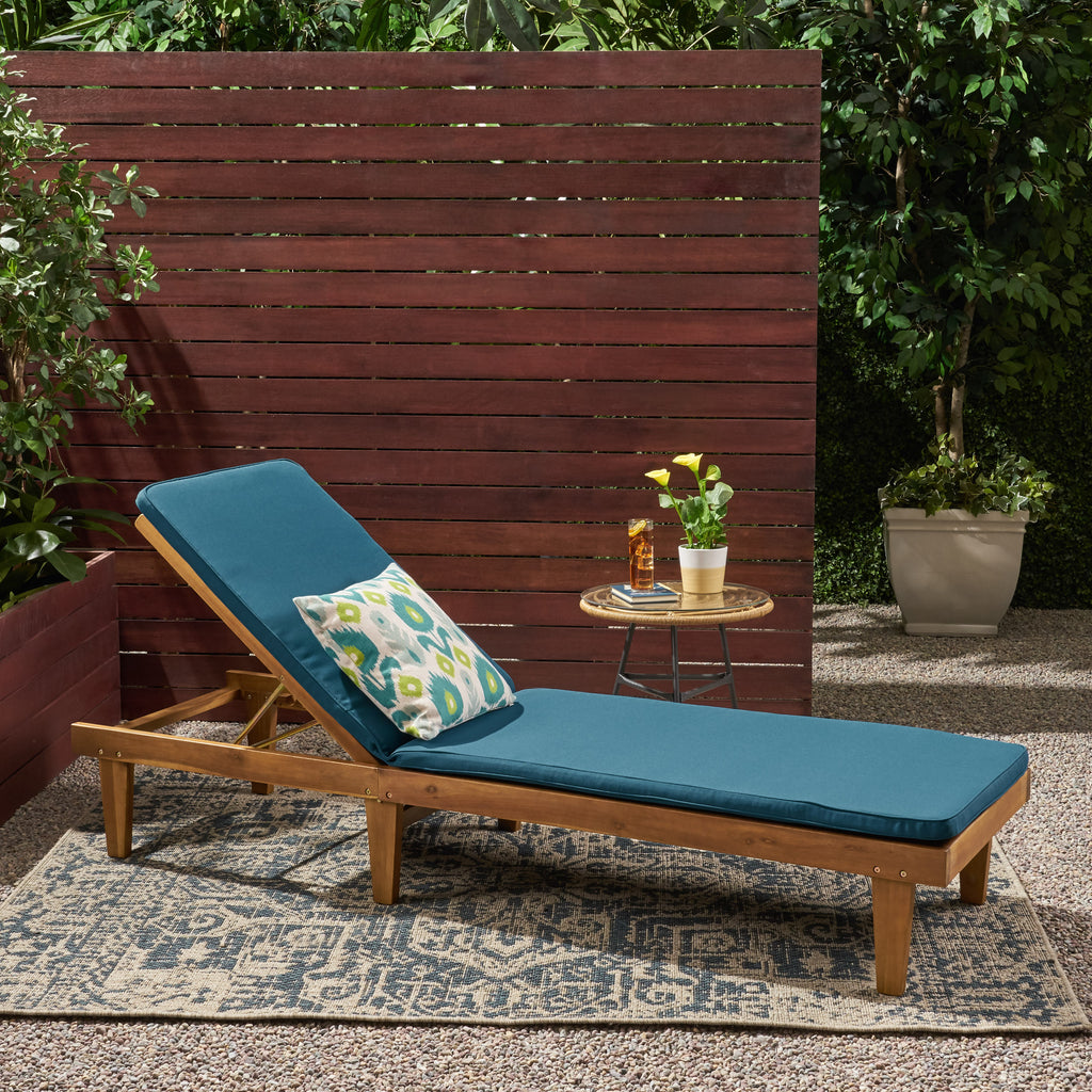 Nadine Outdoor Acacia Wood Chaise Lounge and Cushion Set, Teak and Blue Noble House