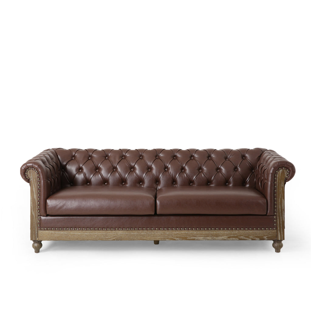 Castalia Chesterfield Tufted 3 Seater Sofa with Nailhead Trim, Dark Brown and Natural Noble House