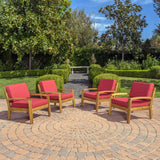 Grenada Outdoor Acacia Wood Club Chairs with Cushions, Teak and Red Noble House