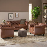 Silverdale Traditional Chesterfield Loveseat and Club Chair Set, Cognac Brown and Dark Brown Noble House