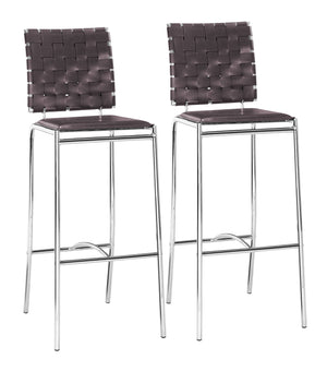 Zuo Modern Criss 100% Polyurethane, Steel Modern Commercial Grade Barstool Set - Set of 2 Espresso, Chrome 100% Polyurethane, Steel