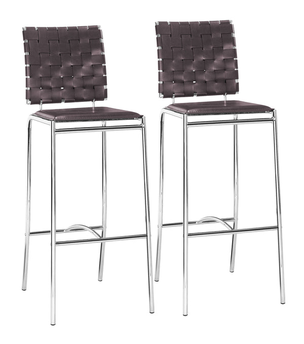 Zuo Modern Criss 100% Polyurethane, Steel Modern Commercial Grade Barstool Set - Set of 2 Espresso, Chrome 100% Polyurethane, Steel