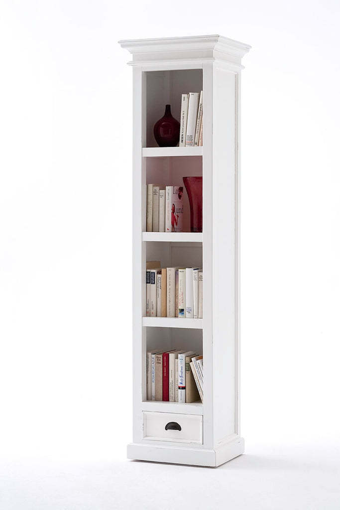 Halifax Bookshelf with Drawer in semi-gloss paint with a smooth top coat. Solid Mahogany, Composite wood