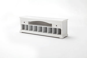 Provence Media Console in semi-gloss paint with a smooth top coat. Solid Mahogany, Composite wood