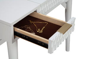 White Pearl Bedroom Vanity - Contemporary Mahogany Design with Textured Drawers & Hidden Mirror Storage