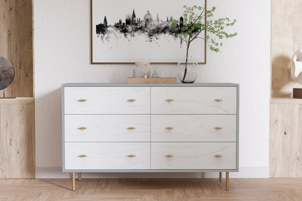 Saige Dresser in Weathered White/Gray - Fully Assembled Mahogany with Felt-lined Drawers & Gold Accents